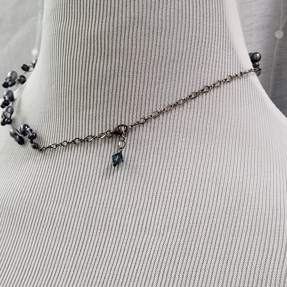 Blue Freshwater Pearl Wire Adjustable Necklace With Blue Iridescent Crystals - Picture 4 of 7